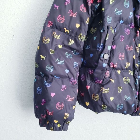 PINK Victoria's Secret Rainbow Logo Hooded Puffer Jacket - Picture 2 of 7